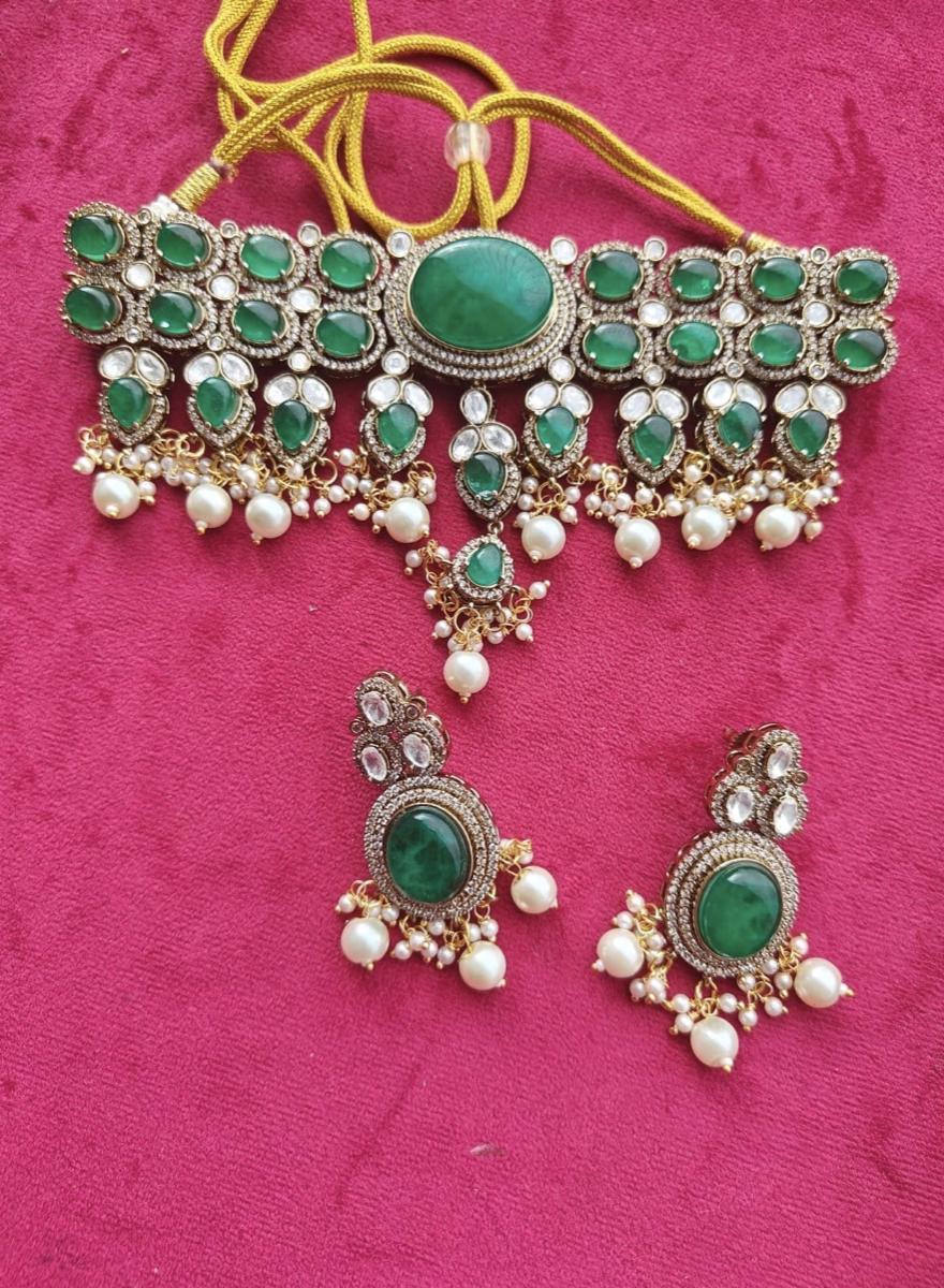 Sabyasachi inspired emerald green Victorian choker set with earrings Indian Choker Necklace Set