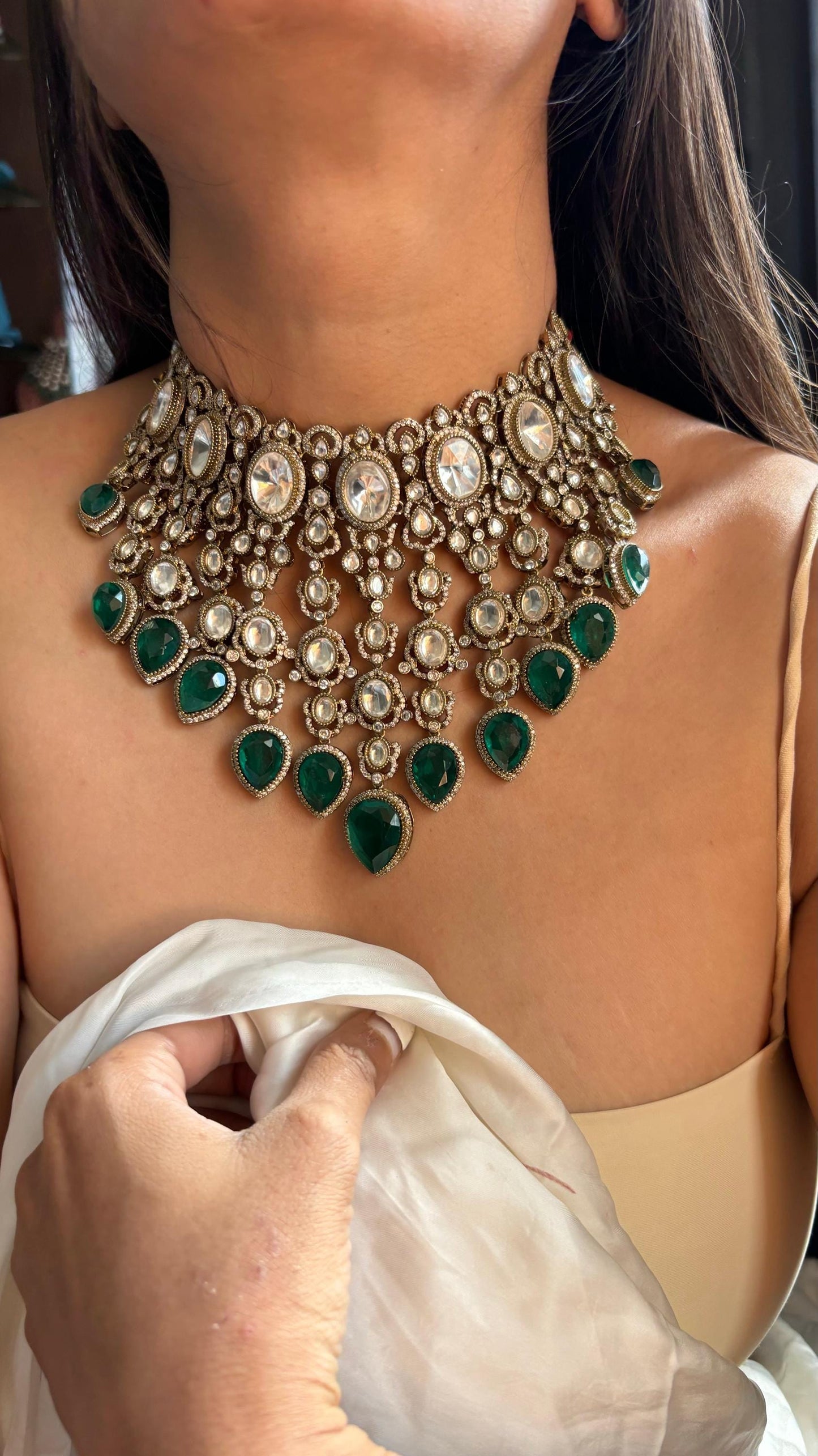 Sabyasachi type Green Emerald Necklace/Indian Bridal Jewelry/ Victorian Polki Kundan Jewelry/Indian Bridal set WITH Tikka and Earrings