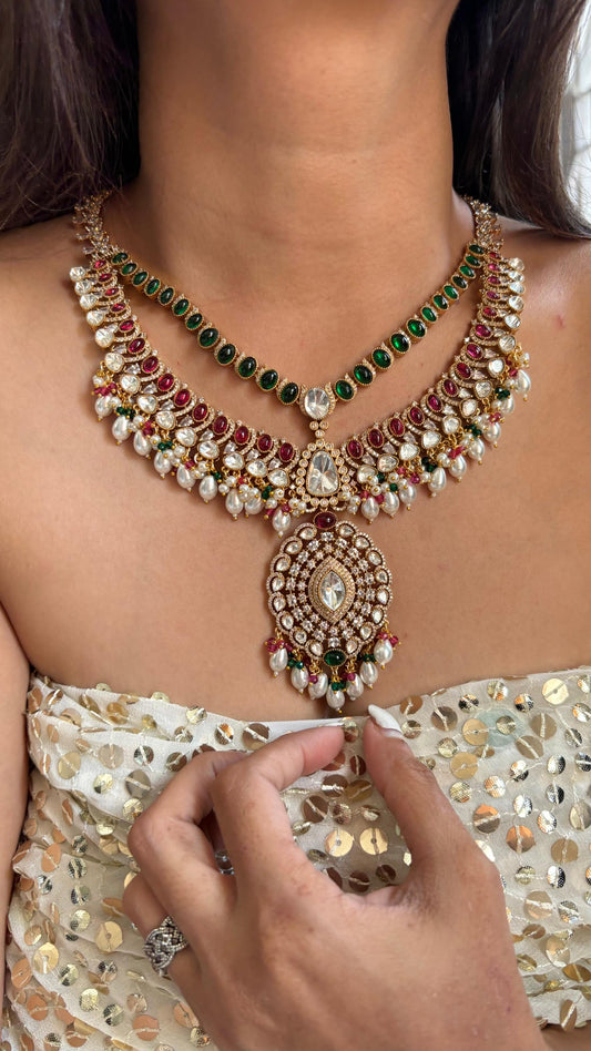 Double layer emerald and ruby Polki Kundan necklace/Statement necklace/Indian Jewelry/Punjabi/Pakistani Jewelry/Wedding necklace