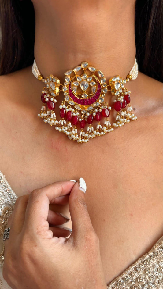 Ruby Pachi Kundan choker necklace with earrings/Indian wedding/Bridal jewelry