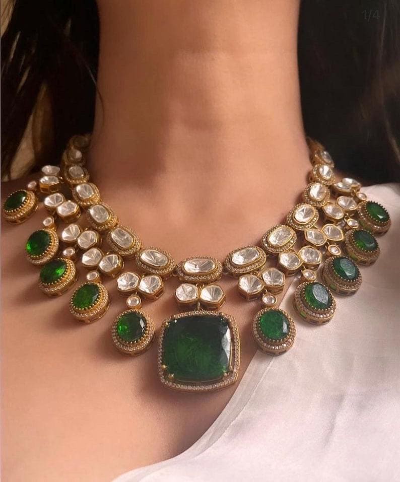 Fine Gold Finish Emerald Green Doublet Stones Uncut Moissanite Polki Kundan Wedding Jewelry Necklace Set with Earrings Sabyasachi Jewelry