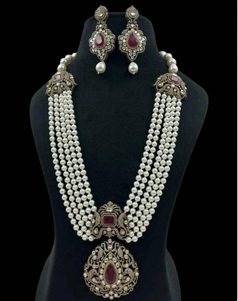 Beaded Sabyasachi Inspired Long Pearl Victorian Emerald Green/Red Long Necklace With Earrings/Statement Jewelry Set