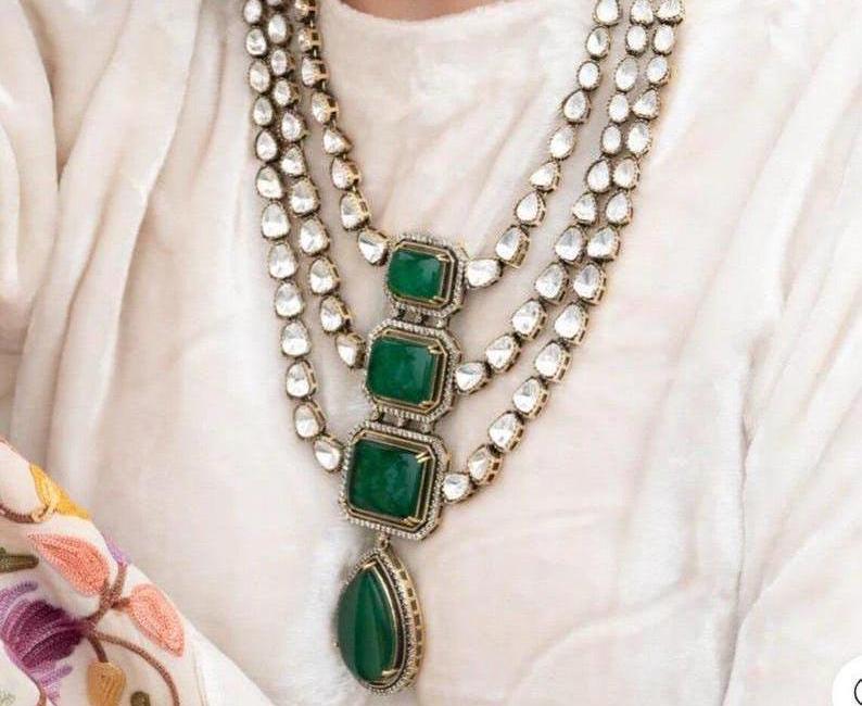 Finest Sabya Inspired Three Layered Long Uncut Moissanite Polki Kundan Emerald Green Doublet Pendant Necklace With Long Chaandbali Earrings