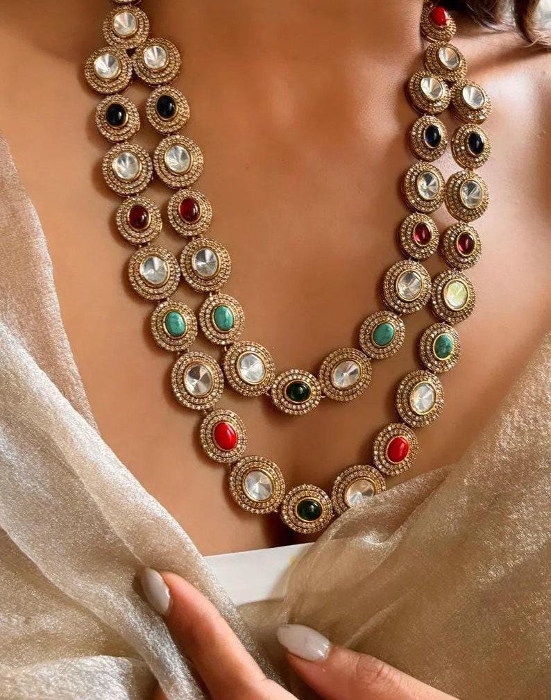 Navratna Sabyasachi Designer Kundan Necklace Long Raani Haar/ Multicolor bridal kundan haar