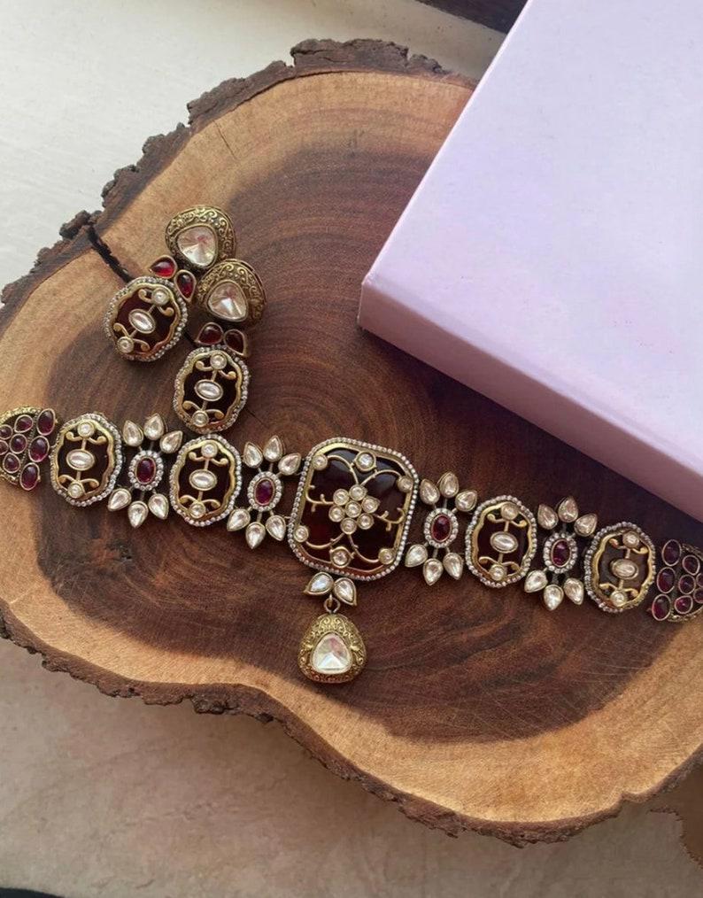 Victorian Maroon Kundan Choker/Indian Artificial Jewelry/Indian Wedding Necklace Set/Pakistani Jewelry/Sabyasachi Choker