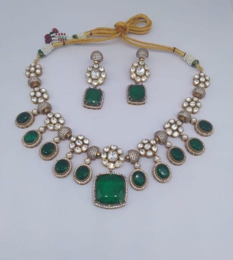 Emerald Green Uncut Diamond Kundan Necklace Set/Sabyasachi Inspired Jewelry/Bollywood Jewelry/Statement necklace set