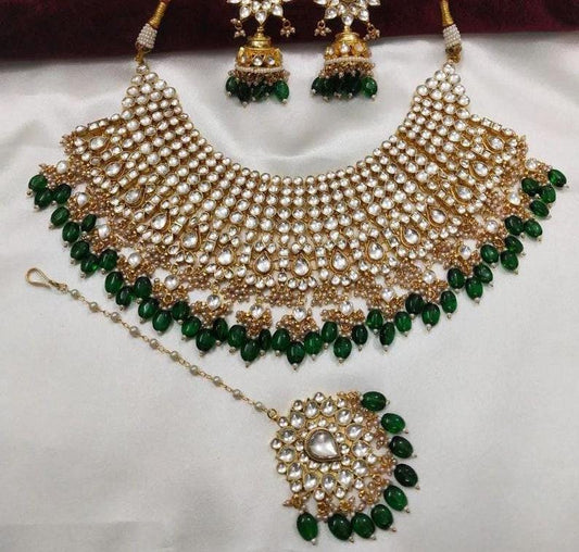 Pachi kundan bridal necklace set with earrings and tikka/pachi kundan necklace