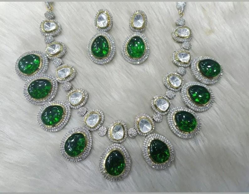 Green Emerald and Silver Indian Kundan Set Polki Reception Diamond Look