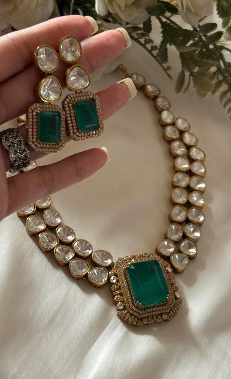 Bollywood inspired manish malhotra design nita Ambani emerald wedding necklace Indian Kundan polki jewelry set