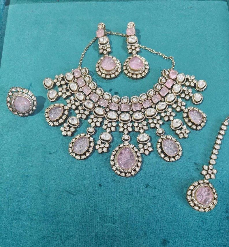 Sabyasachi Bridal Indian Gold Plated Baby Blush Pink Victorian Necklace Set Indian Wedding/Bollywood Jewelry