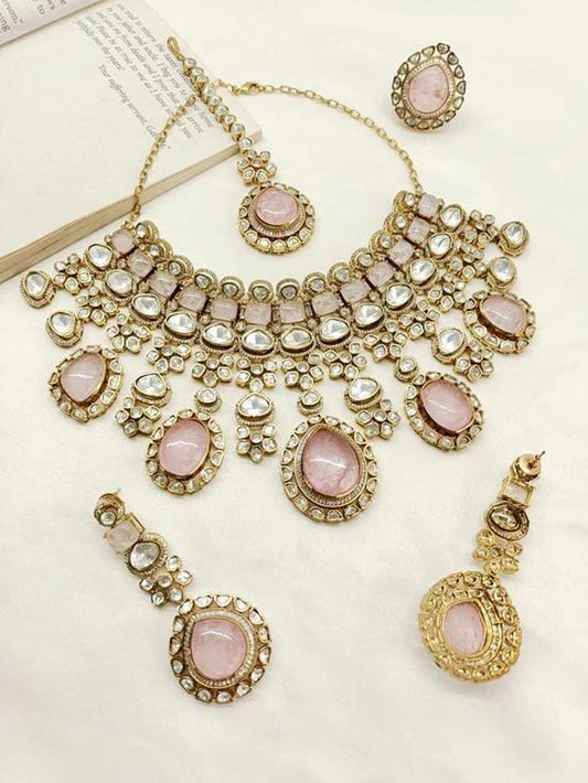 Sabyasachi Bridal Indian Gold Plated Baby Blush Pink Victorian Necklace Set Indian Wedding/Bollywood Jewelry