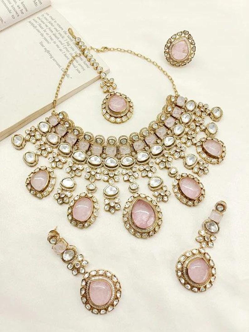 Sabyasachi Bridal Indian Gold Plated Baby Blush Pink Victorian Necklace Set Indian Wedding/Bollywood Jewelry