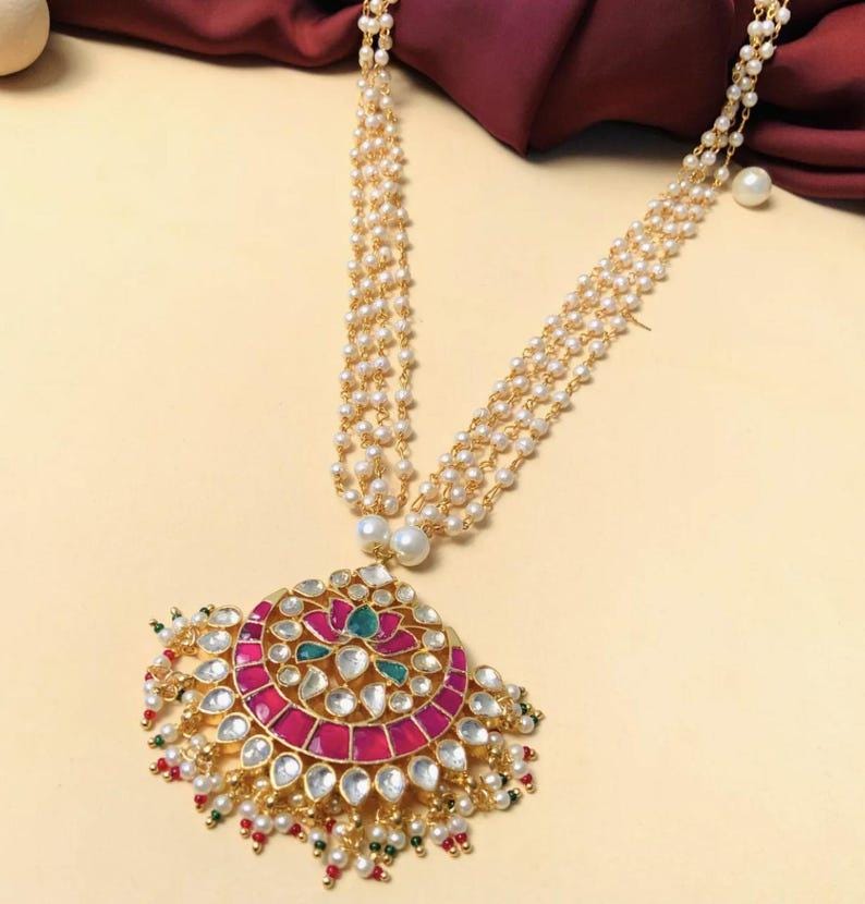 Elegant Lotus Gold Plated Pachi Kundan Long Pearl Multicolor Mala Indian Jewelry Set, bollywood jewelry, kundan set, long necklace Indian