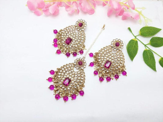 Hot Pink Purple Kundan earrings and Tikka