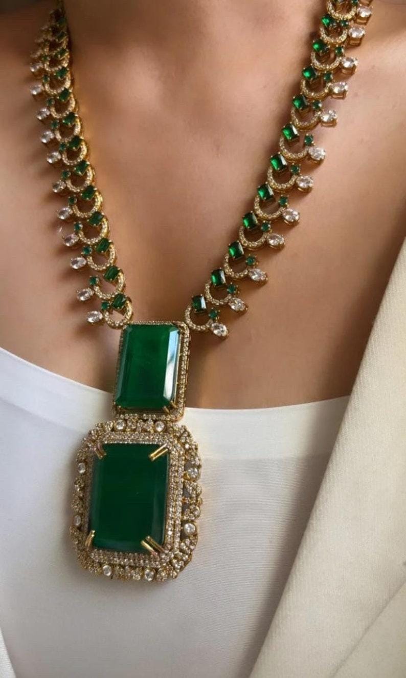 Emerald Doublet Long Victorian Necklace / sabyasachi inspired doublet long necklace set