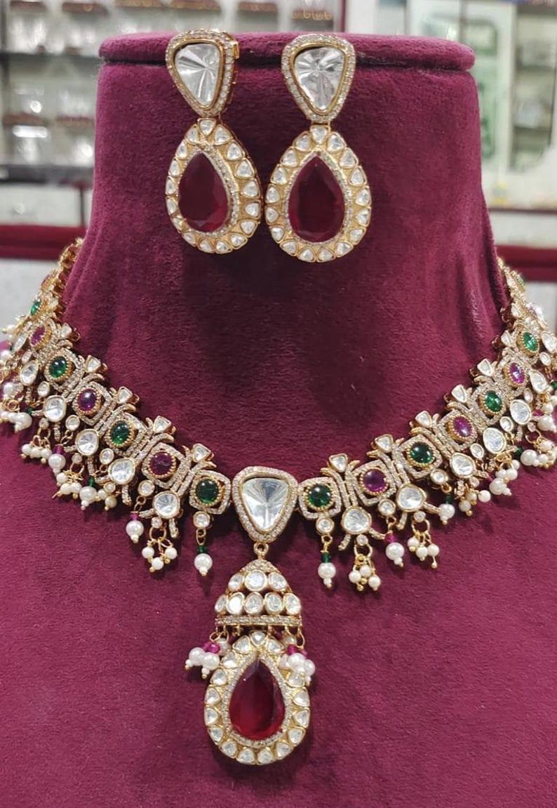 Fine Quality Sabyasachi Inspired Gold Plated Ruby Red MultiColor Navratan Kundan Polki Zirconium Diamond Necklace Set Kundan Choker