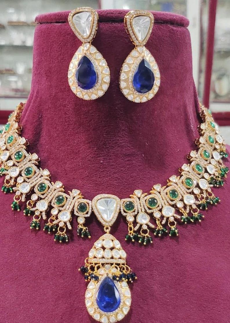 Fine Quality Sabyasachi Inspired Gold Plated Ruby Red MultiColor Navratan Kundan Polki Zirconium Diamond Necklace Set Kundan Choker