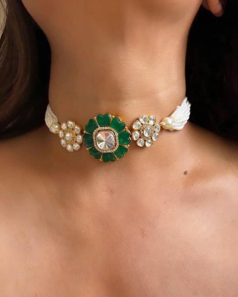 Premium Minimalist moissanite & emerald necklace choker set with earrings Indian kundan set