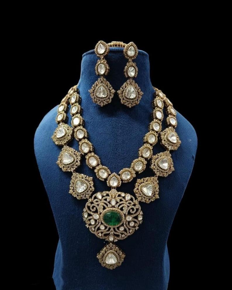 Victorian 2 layer necklace set stunned with doublets and polki stones , earrings and tikka