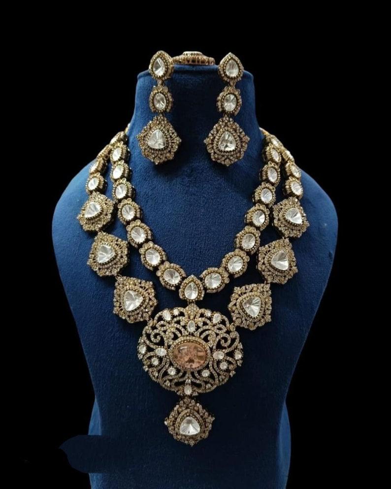 Victorian 2 layer necklace set stunned with doublets and polki stones , earrings and tikka