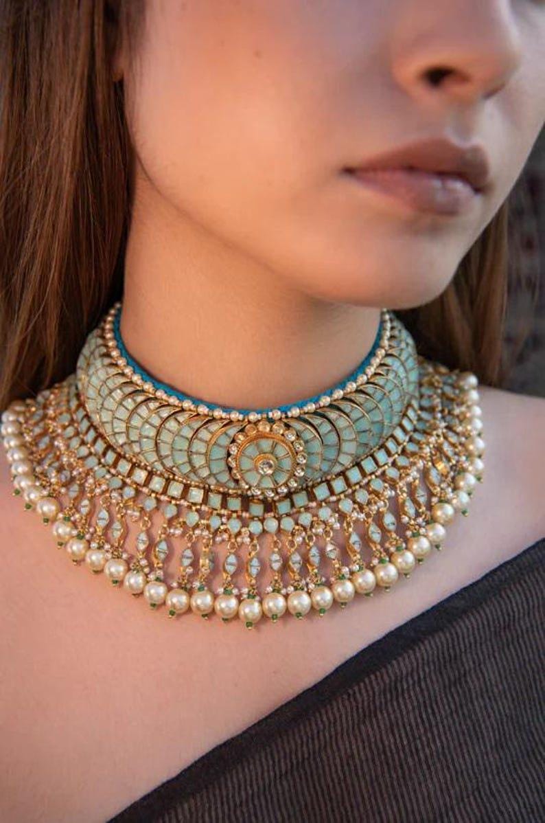 Ferozi Turquoise Necklace 22K Gold Plated Indian Royal Wedding Bridal Set