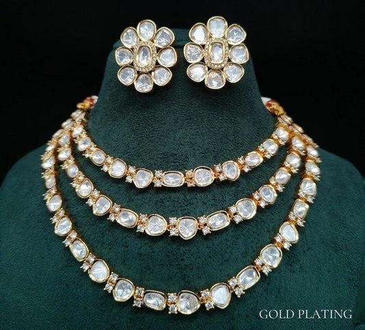 Tyaani inspired three layer uncut polki pure brass gold plated Indian necklace set