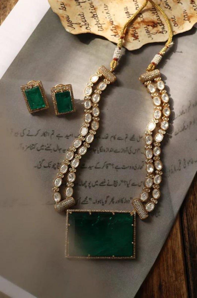 Emerald Green Ruby Polki Necklace Set Gold Plated Indian Wedding Necklace Sabyasachi inspired earrings necklace set