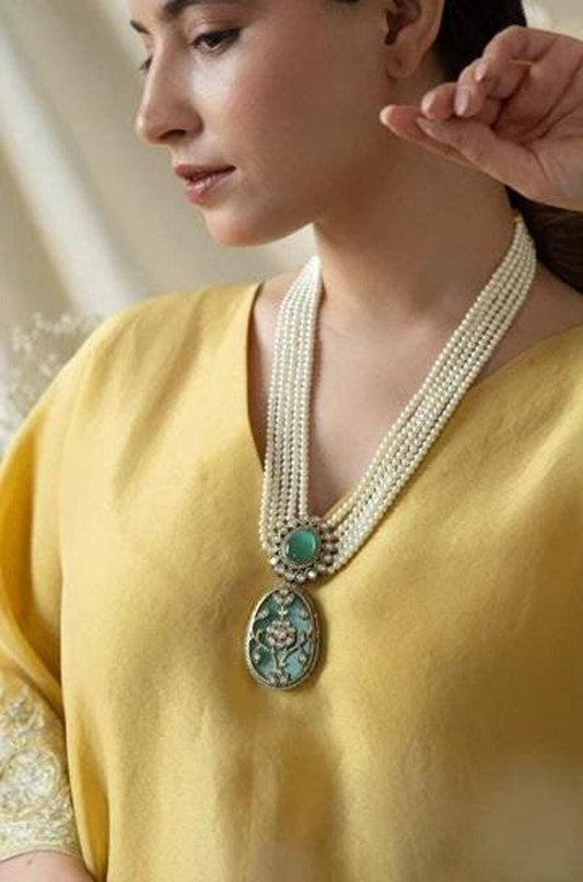 Pearl Long Raani Harr Mint Green Necklace Set Gold Plated Silver Indian Necklace Set