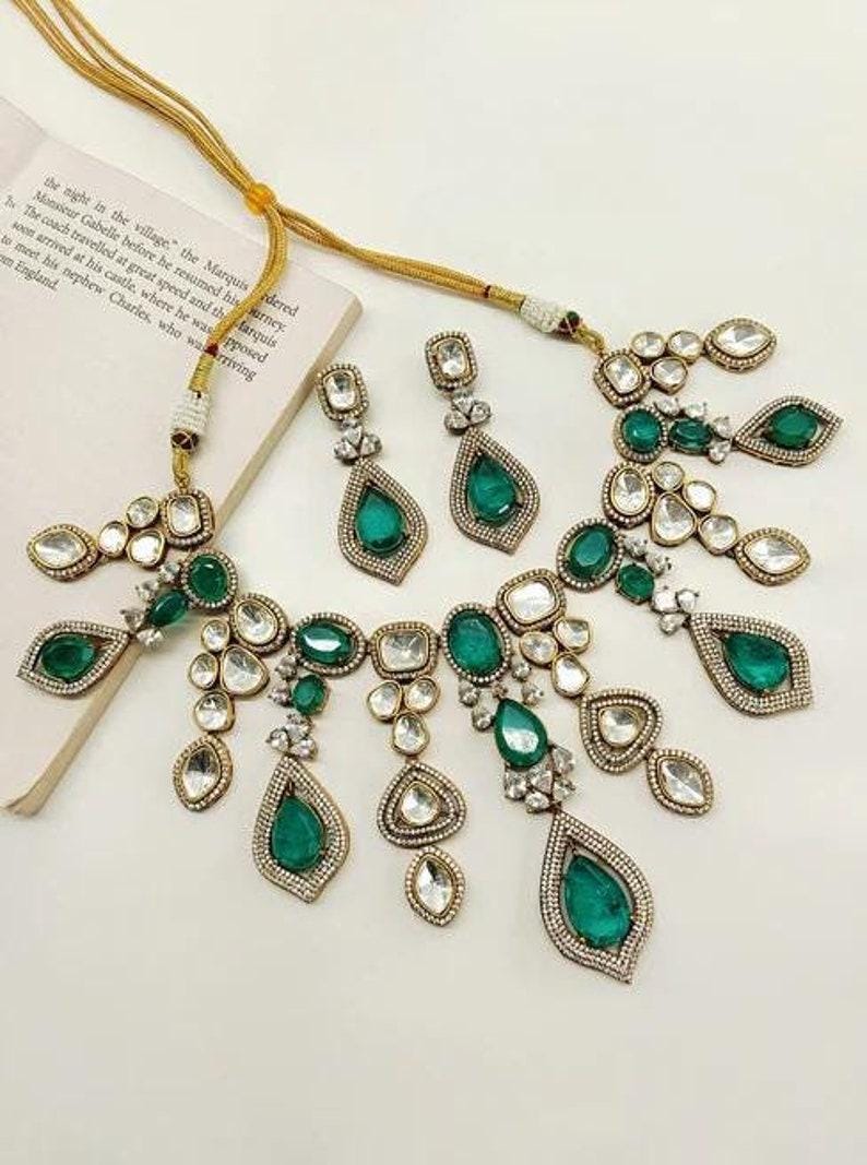 Green Victorian Necklace Set Indian Wedding Sabyasachi Inspired Indian wedding Set Bridal Emerald Green