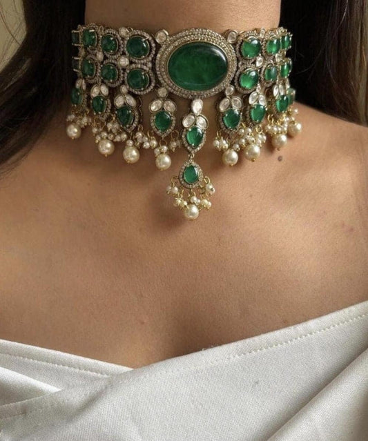 Sabyasachi inspired emerald green Victorian choker set with earrings Indian Choker Necklace Set