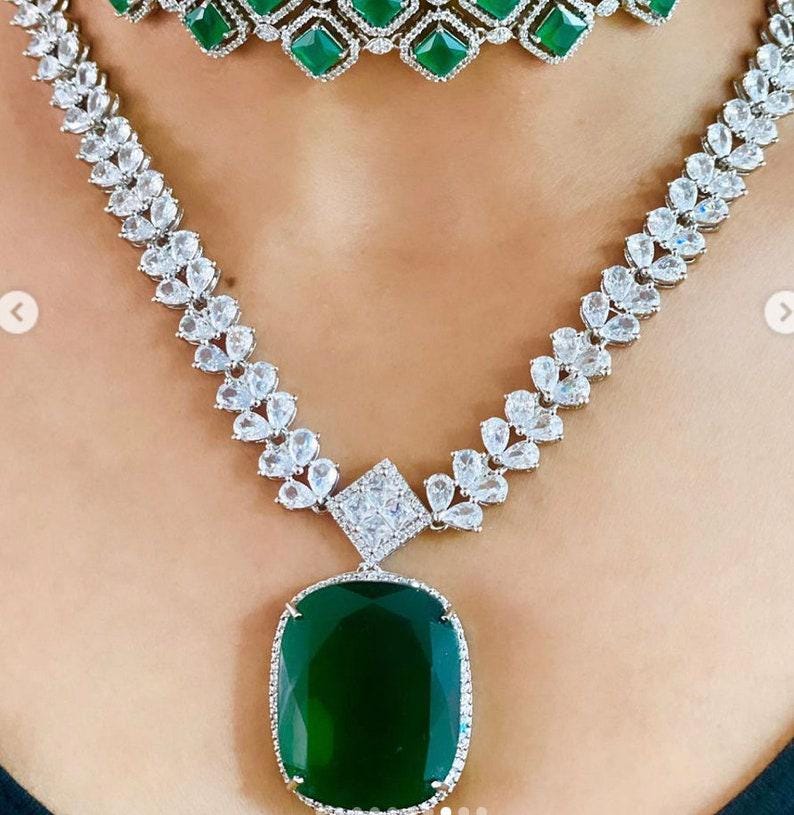 Emerald Cz Green Pendant Silver Necklace Green American Diamond Statement Jewelry CZ Indian Wedding Set