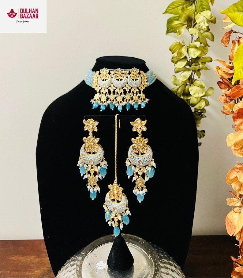 Premium Quality Rajwada Meenakari light blue choker set Indian Punjabi gold plated kundan wedding set Moissanite