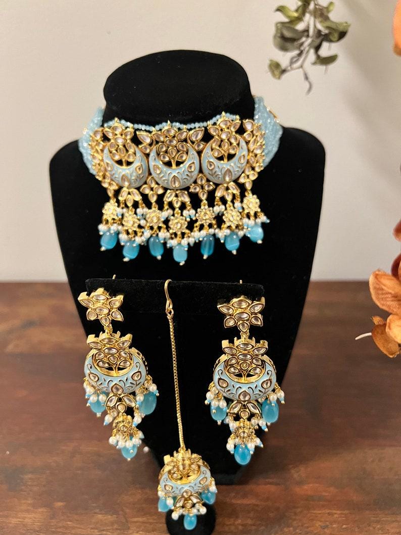 Premium Quality Rajwada Meenakari light blue choker set Indian Punjabi gold plated kundan wedding set Moissanite