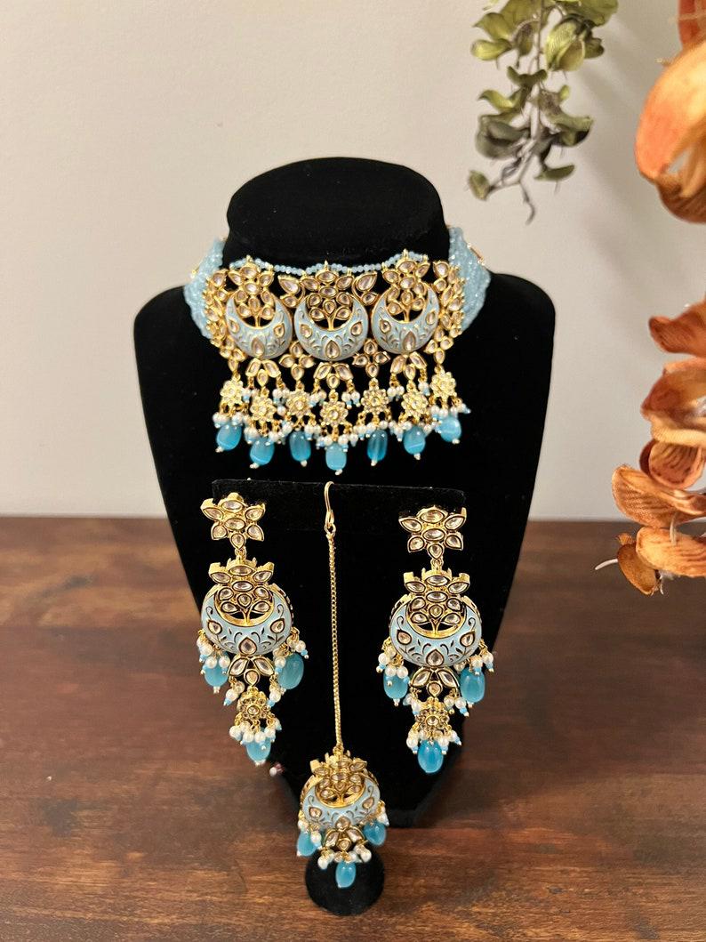 Premium Quality Rajwada Meenakari light blue choker set Indian Punjabi gold plated kundan wedding set Moissanite