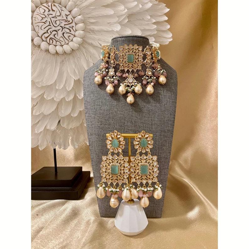 Kundan Pearl Mint Choker Set Punjabi Indian Wedding Premium Designer Artificial Set