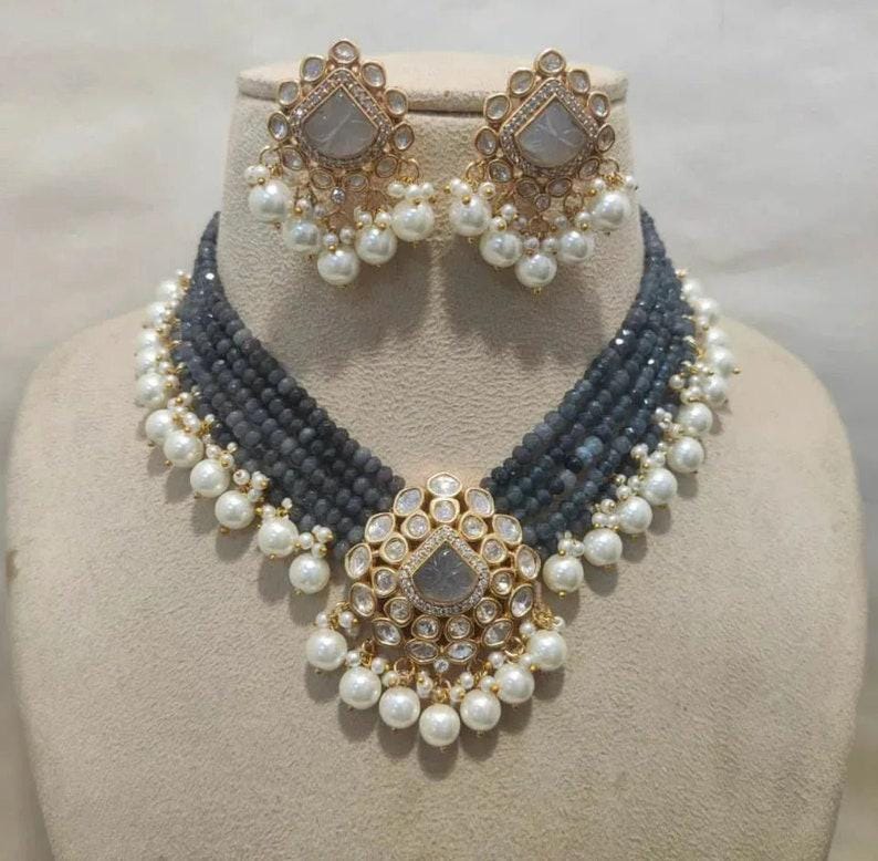 Grey Pearl and Gold Indian Kundan Choker Set