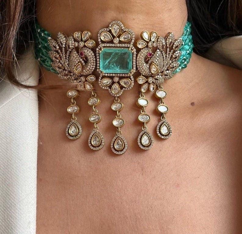 Turquoise Indian Victorian Choker Set With Earrings/Bollywood Jewelry/Indian Choker Ferozi Turqoise