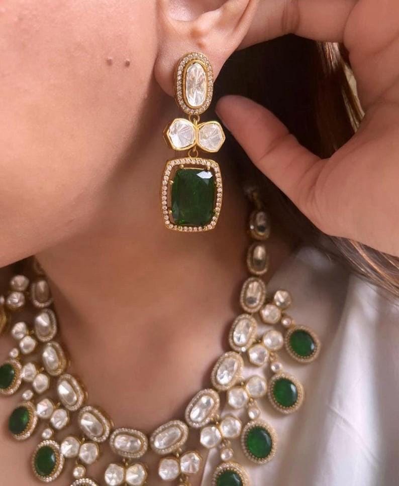 Fine Gold Finish Emerald Green Doublet Stones Uncut Moissanite Polki Kundan Wedding Jewelry Necklace Set with Earrings Sabyasachi Jewelry