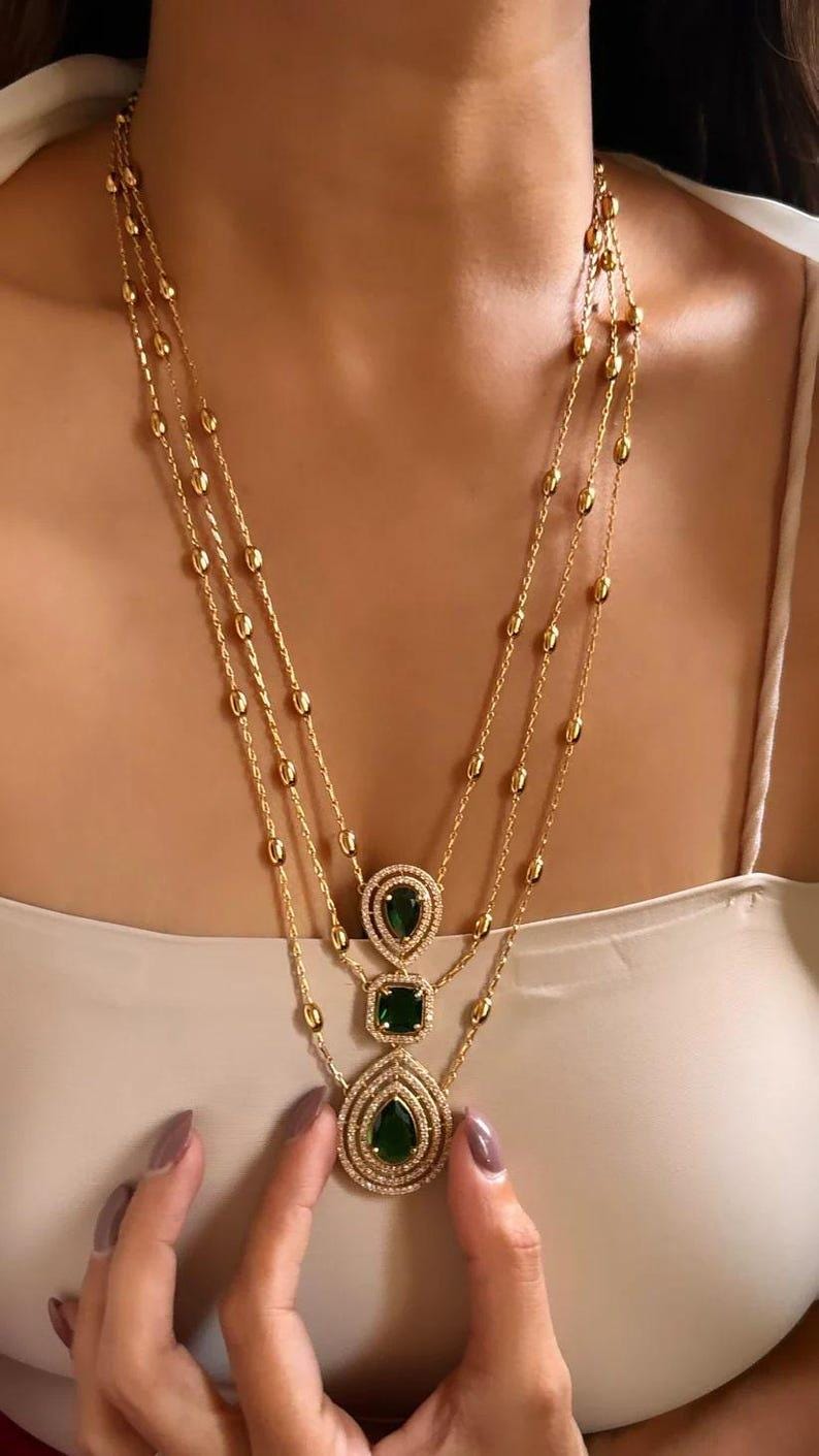 Emerald kundan layered pendant Indian necklace /Indian Jewelry/Pendent Set/Long Necklace/Bridal Necklace/Indian Wedding