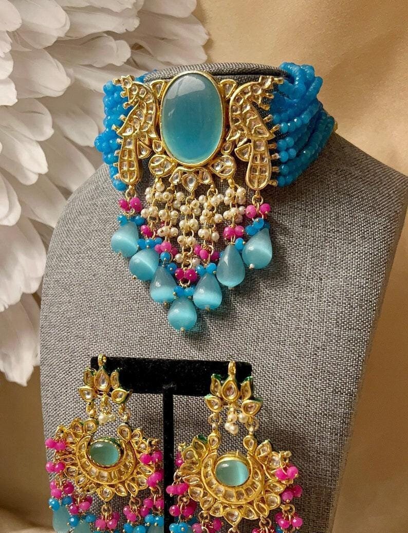 Blue Kundan Choker Indian Set with Earrings Punjabi Choker Set