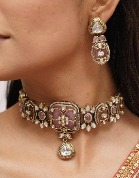 Victorian Pink Kundan Choker/Indian Jewelry/Indian Necklace/Indian Choker/Indian Wedding Necklace Set/Pakistani Jewelry/Sabyasachi Choker