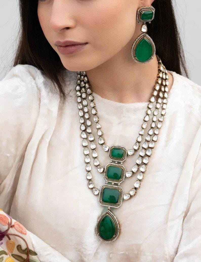 Finest Sabya Inspired Three Layered Long Uncut Moissanite Polki Kundan Emerald Green Doublet Pendant Necklace With Long Chaandbali Earrings