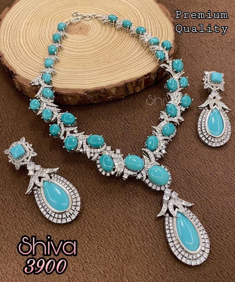 Premium Bestselling Quality Designer Turquoise Statement Necklace Piece with Earrings Bollywood Indian Jewelry