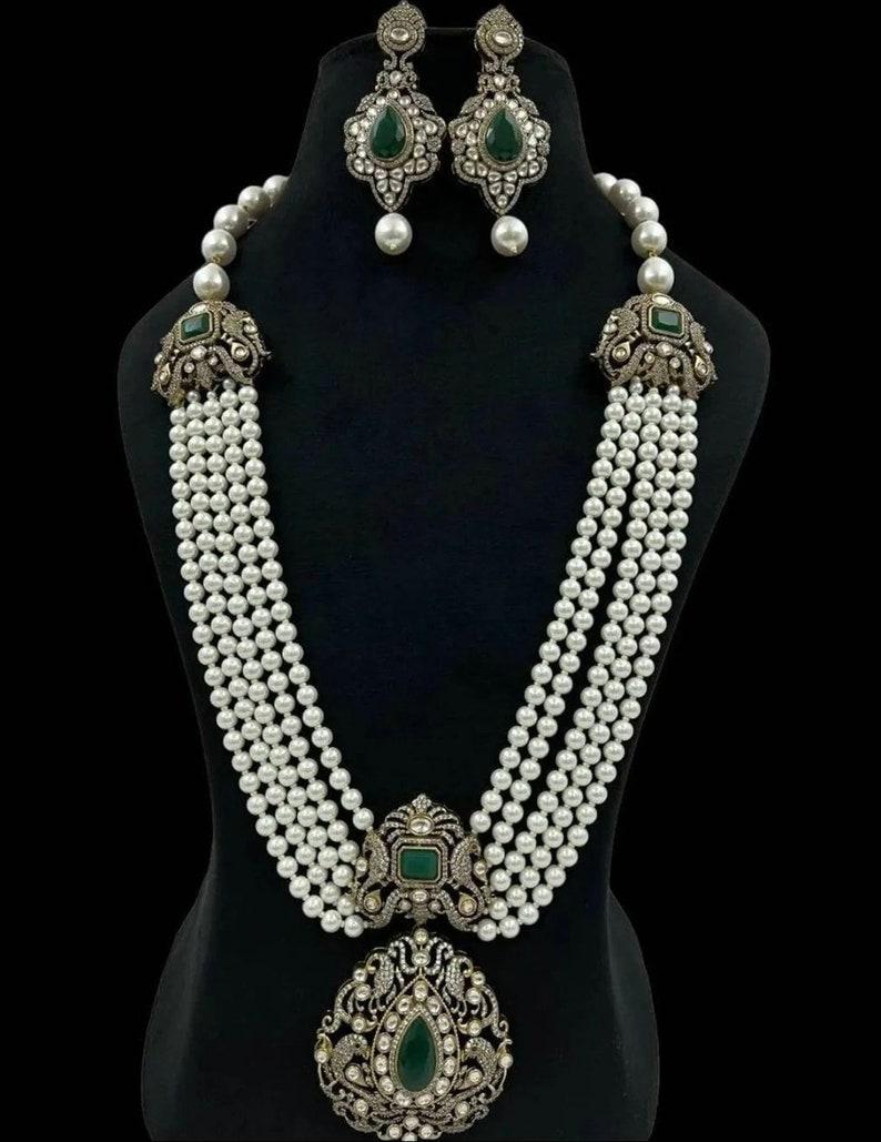 Beaded Sabyasachi Inspired Long Pearl Victorian Emerald Green/Red Long Necklace With Earrings/Statement Jewelry Set