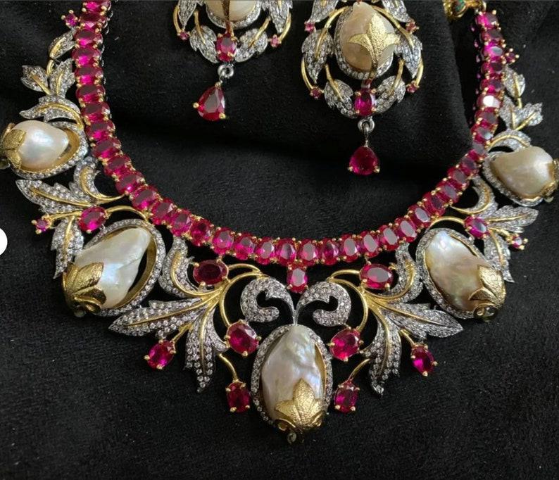 Victorian Choker Set/Ruby Baroque Pearl Cz Necklace Set with Statement Earrings/Sabyasachi Inspired Jewelry Set/Statement Jewelry Set