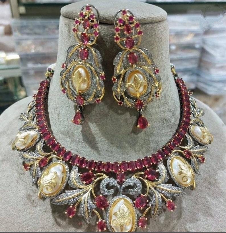 Victorian Choker Set/Ruby Baroque Pearl Cz Necklace Set with Statement Earrings/Sabyasachi Inspired Jewelry Set/Statement Jewelry Set