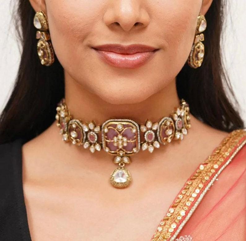 Victorian Pink Kundan Choker/Indian Jewelry/Indian Necklace/Indian Choker/Indian Wedding Necklace Set/Pakistani Jewelry/Sabyasachi Choker