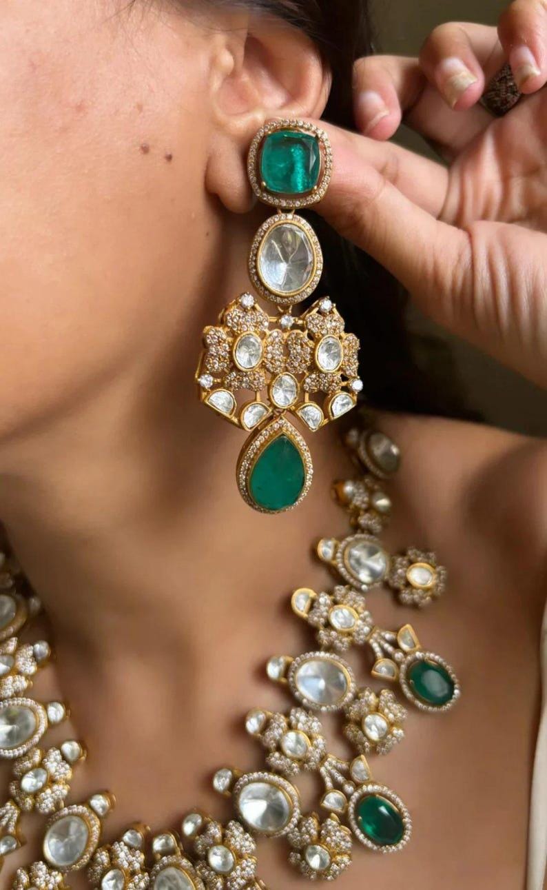 Stunning Sabyasachi Bridal Indian Gold Plated Emerald Green Doublet stone Uncut Moissanite Polki Kundan wedding Jewelry Emerald Green