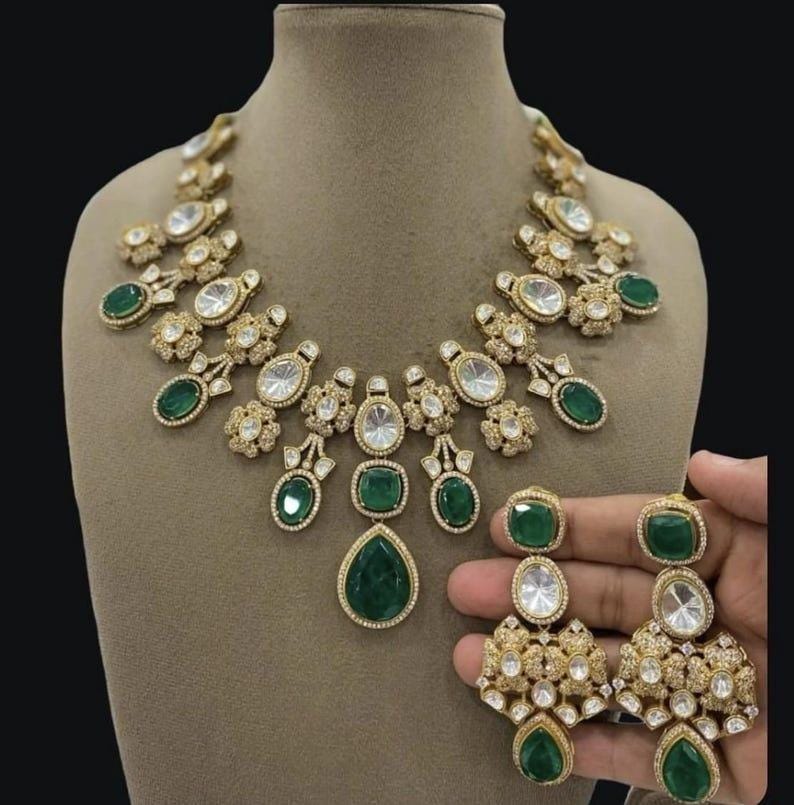 Stunning Sabyasachi Bridal Indian Gold Plated Emerald Green Doublet stone Uncut Moissanite Polki Kundan wedding Jewelry Emerald Green