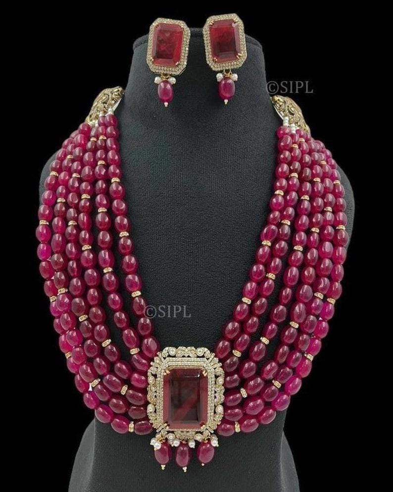 Sabyasachi Inspired Fine Quality Layered Long Emerald Green Faux Zirconium Polki Kundan Necklace Set/ Ruby necklace set